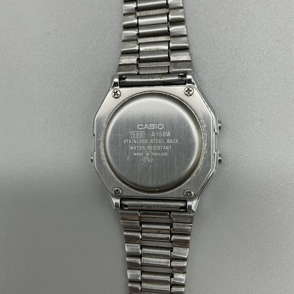 Casio A158W Alarm Chrono Mens Watch 33mm Digital Gray Stainless Bracelet